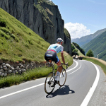 **Fränk Schleck climbing a steep mountain road during the Tour de France, wearing the Luxembourg national colors.**