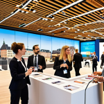** A diverse group of professionals networking at a Luxembourgish industry event. Focus on the modern architecture of the venue and the multilingual interactions between people. Include elements representing finance, IT, and logistics.

**