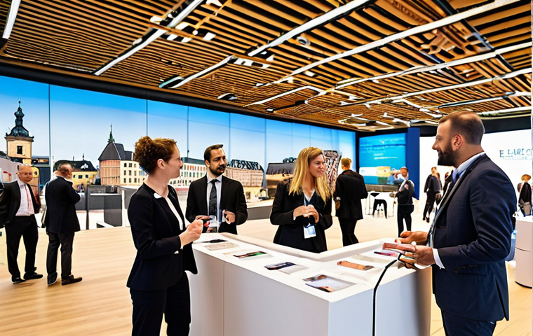 ** A diverse group of professionals networking at a Luxembourgish industry event. Focus on the modern architecture of the venue and the multilingual interactions between people. Include elements representing finance, IT, and logistics.
**