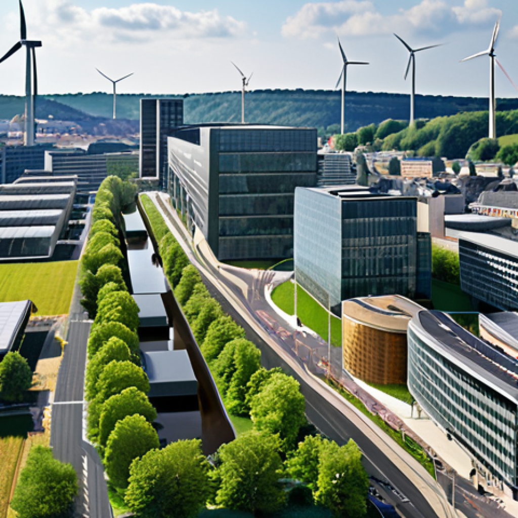 **

A bustling, modern city scene in Luxembourg, showcasing its role as a hub for green finance. Visualize modern architecture intertwined with green spaces, wind turbines in the distance, and a diverse group of professionals collaborating on sustainable investment projects. Emphasis on financial district with clear indication of green initiatives.

**