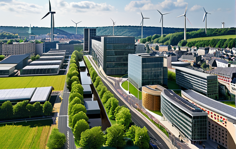 **

A bustling, modern city scene in Luxembourg, showcasing its role as a hub for green finance. Visualize modern architecture intertwined with green spaces, wind turbines in the distance, and a diverse group of professionals collaborating on sustainable investment projects. Emphasis on financial district with clear indication of green initiatives.

**